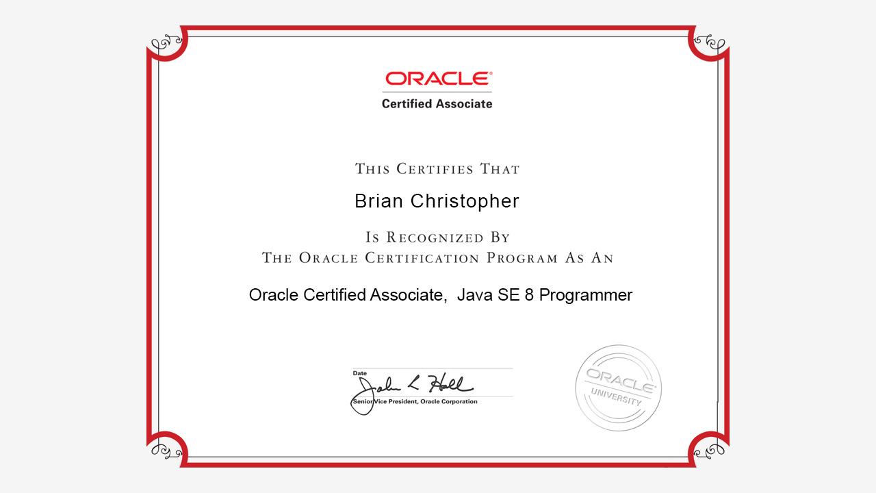 Sample Oracle Certified Associate Java SE 8 Programmer Certificate